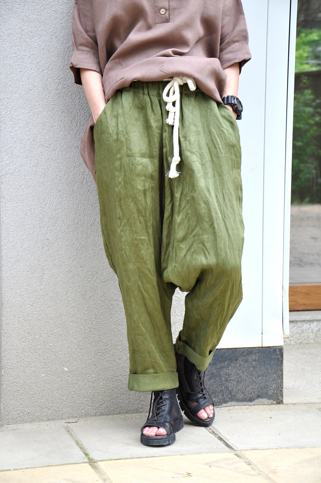 Linen Harem Pants, Military Green Pants, Linen Clothing, Army Green