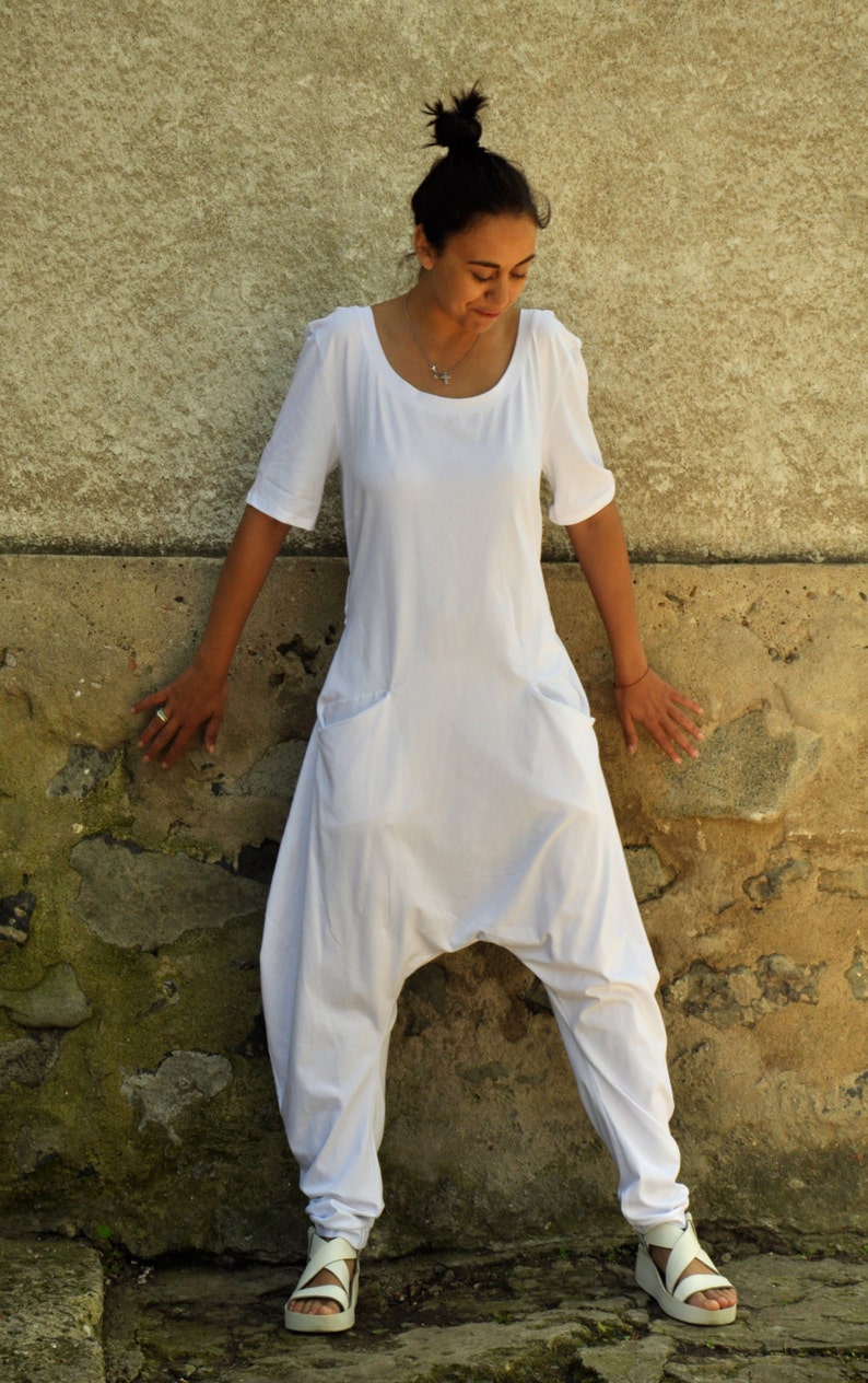 The white harem jumpsuit is perfect for your yoga class.