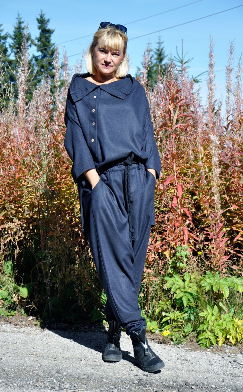 Wool Harem Pants & Asymmetric Tunic Blouse Set, Wool Clothing, Plus Size Suit Women, Tunic Pants Set, Winter Wool Outfit, Loose Pants Top dark blue