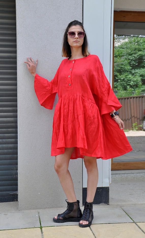 knee length dresses for ladies Sunshower Flowy Linen Dress - Ruby Red - Size M main image 0