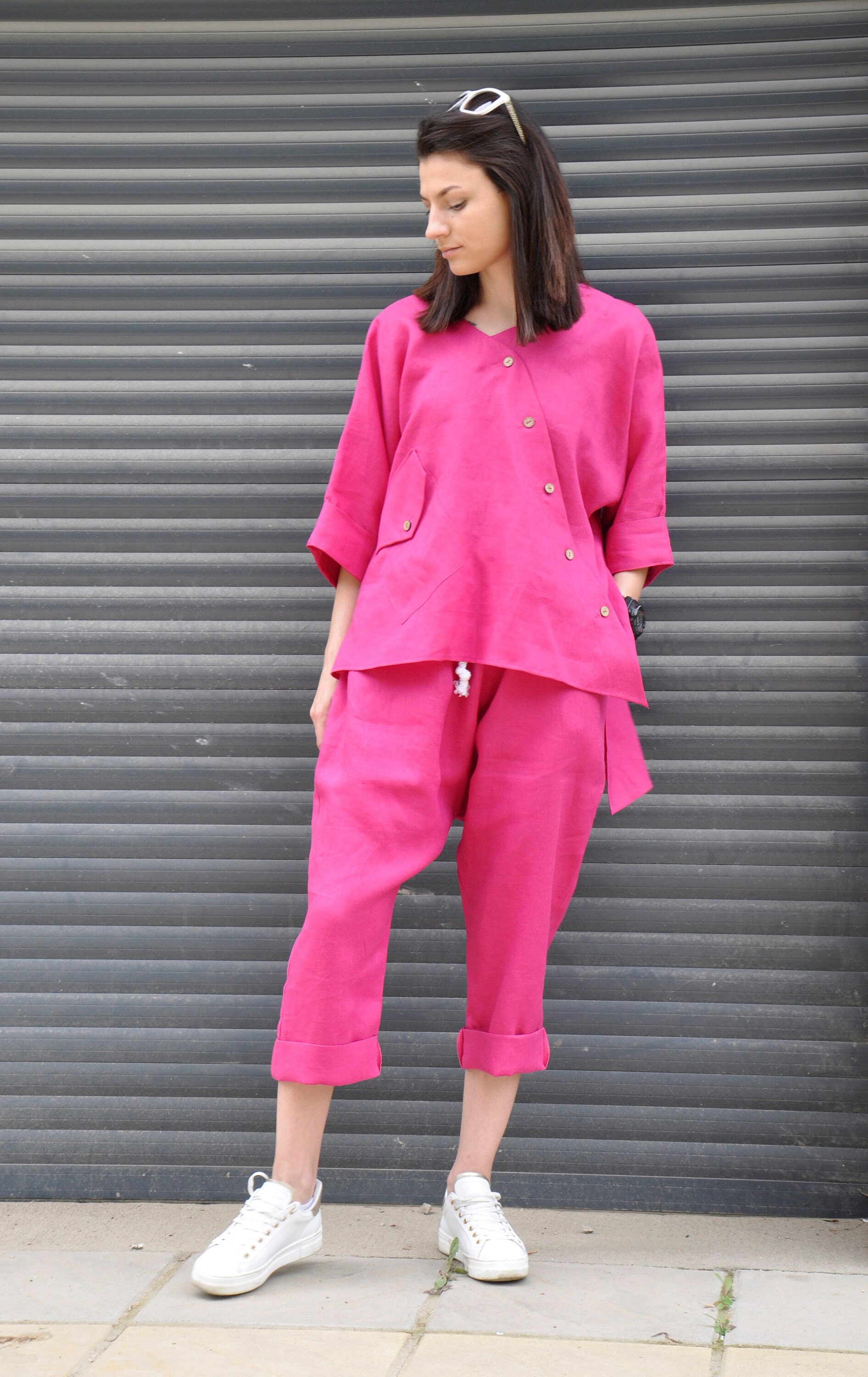 Fuchsia Linen Pants Outfit - Wide Pants & Shirt Tunic Top