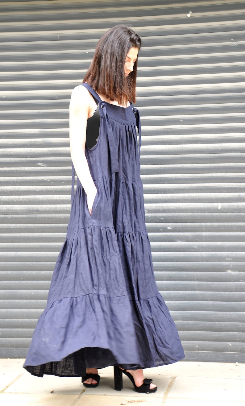 Linen Maxi Dress, Long Pinafore Dress, Plus Size Linen Dress, Linen Wedding Dress, Navy Blue Dress, Linen Kaftan Dress, Linen Clothing image 3