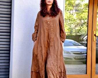 Vestido largo de lino capuchino: caftán holgado de verano con bolsillos, 100 % lino natural.