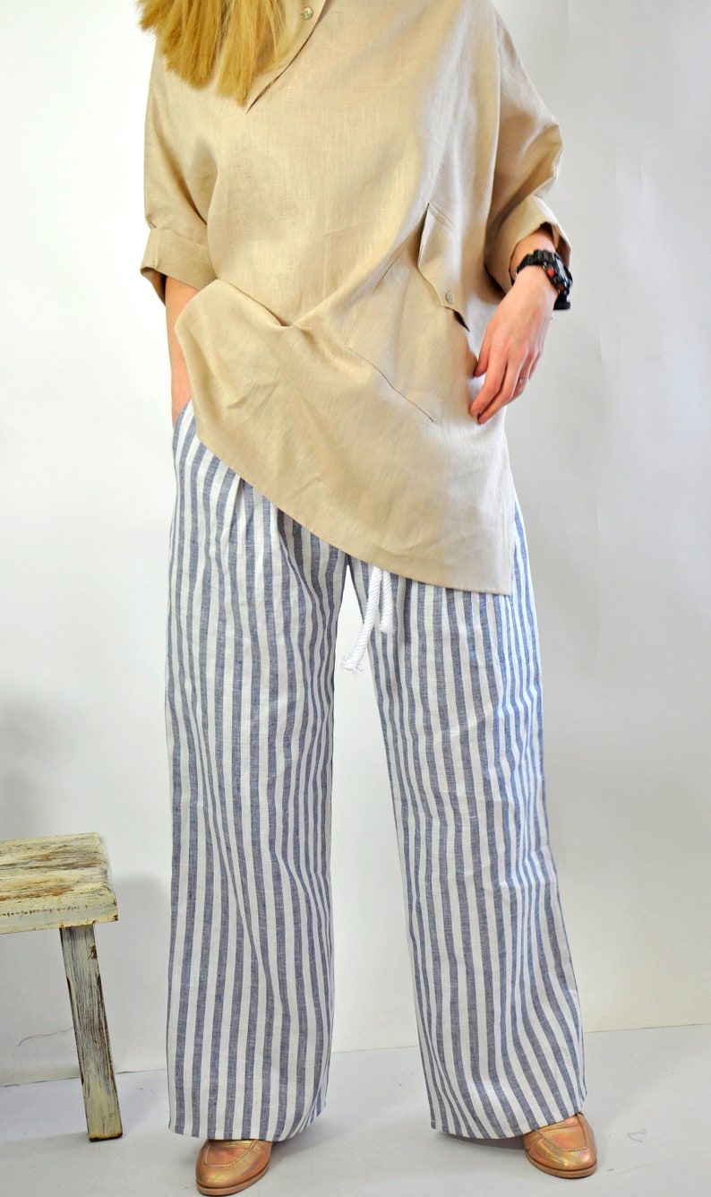 Linen Stripe Pants, Linen Pants, Wide Leg Pants, Women Pants, Linen Clothing, Summer Linen Pants, Beach Linen Pants, Long Pants, Relaxed image 3