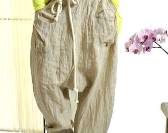 Harem Linen Pants, Natural Color Wide-Leg Elastic Waist with Four Pockets