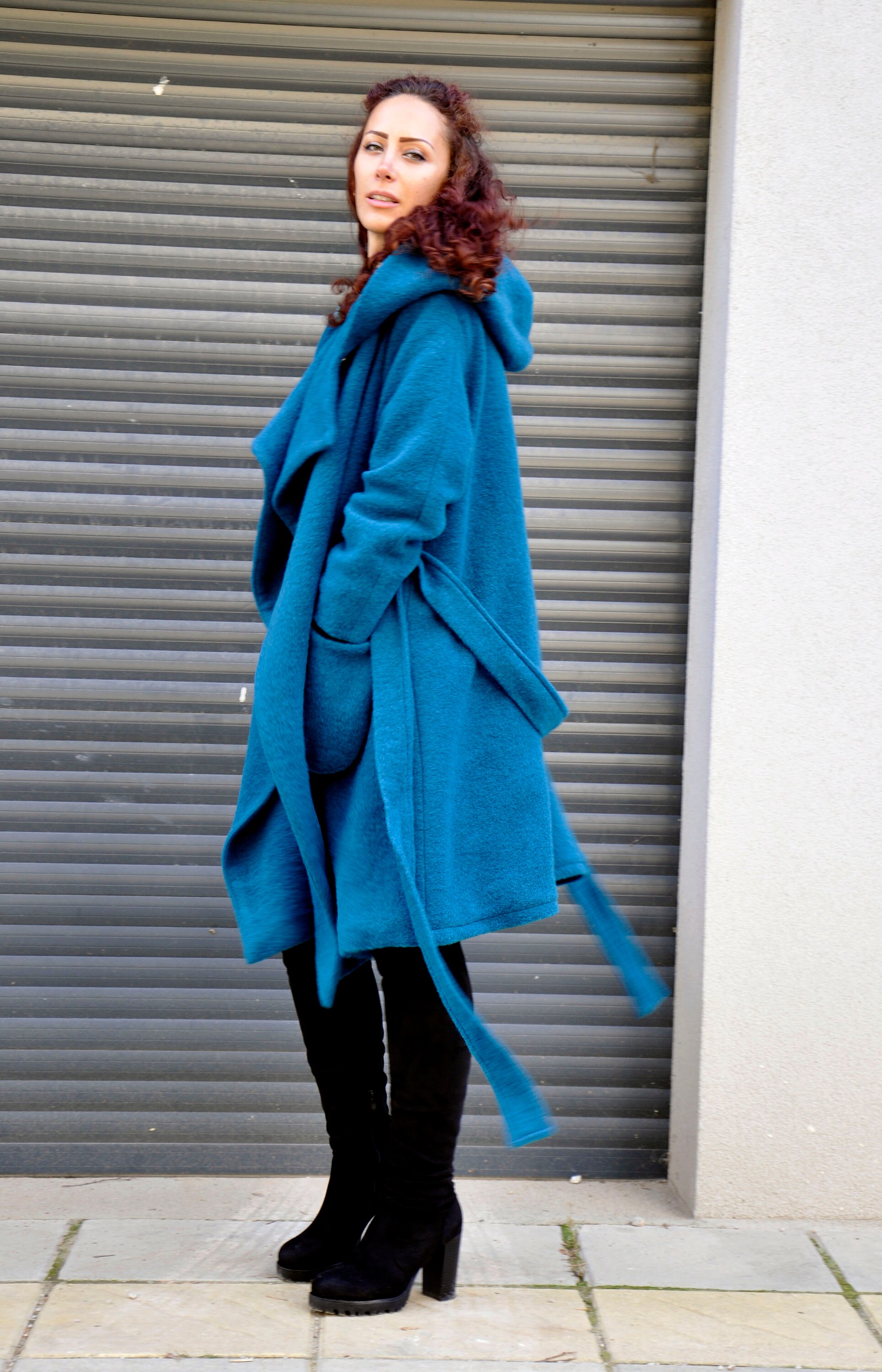 Hooded Wool Coat Winter Wool Coat Turquoise Coat Warm Wool | Etsy