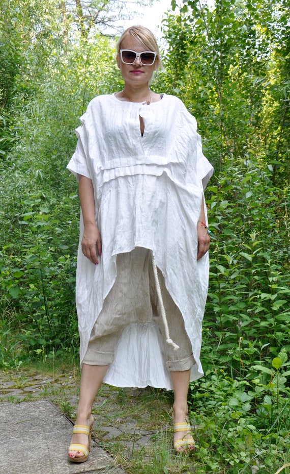 Tunique en lin blanche Tenues de plage grande taille Vetements en lin Tunique asymetrique Robe tunique pour femme Tunique d ete en lin Tunique a smocks Haut long en lin Etsy France