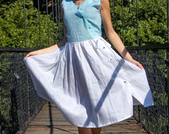Blue And White Linen Dress, Sleeveless V-Neck, Knee-Length Asymmetrical Button Closure
