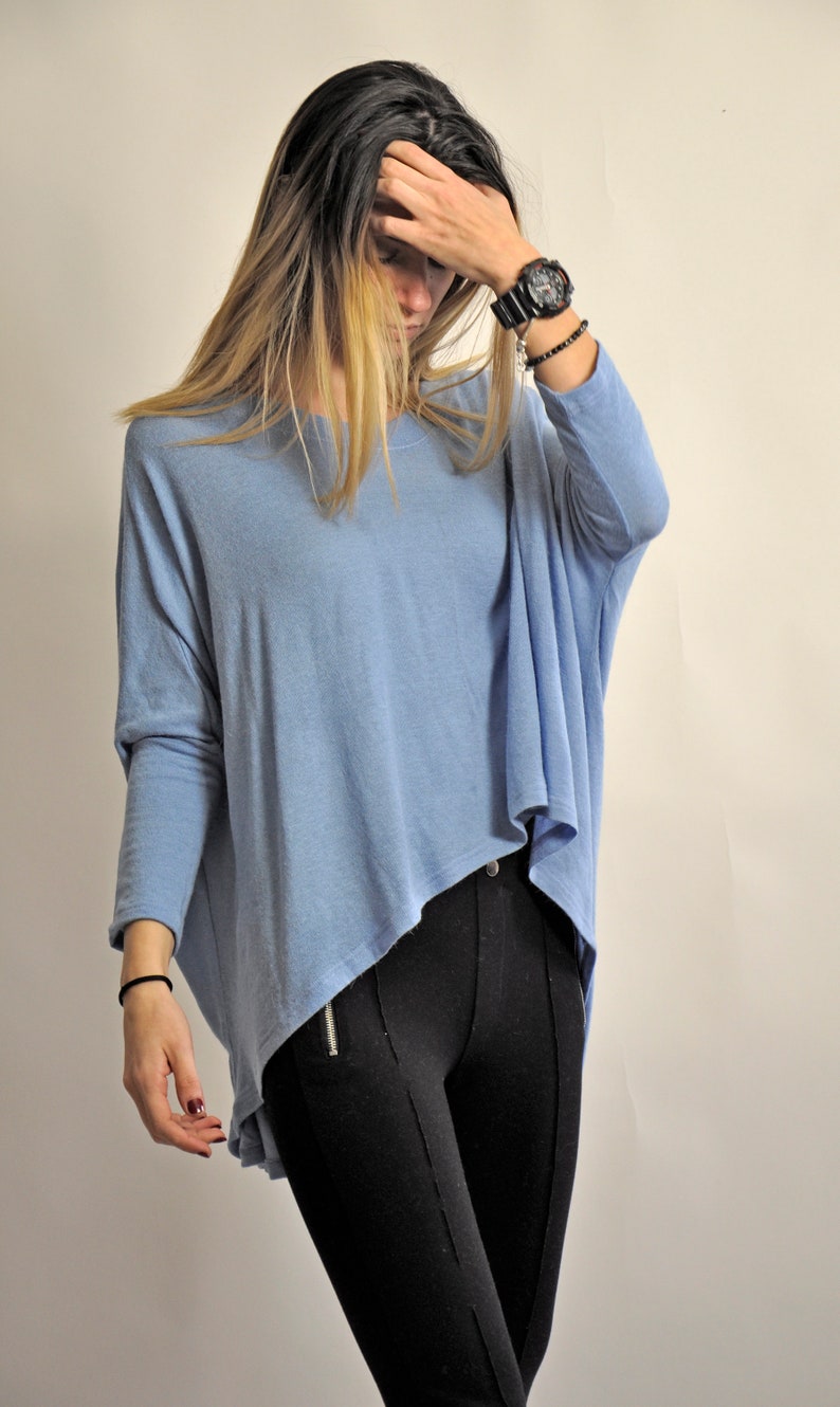 New Light Blue Tunic Maxi Top Loose Top Soft Mohair Knit Top Maxi Long sleeves Tunic Plus size Elegant Top Woman Soft wool topT19008