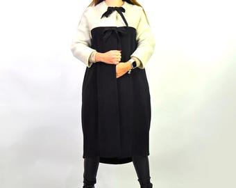 Handmade Black and White Wool Maxi Coat, Elegant Winter Outerwear, Minimalist Style