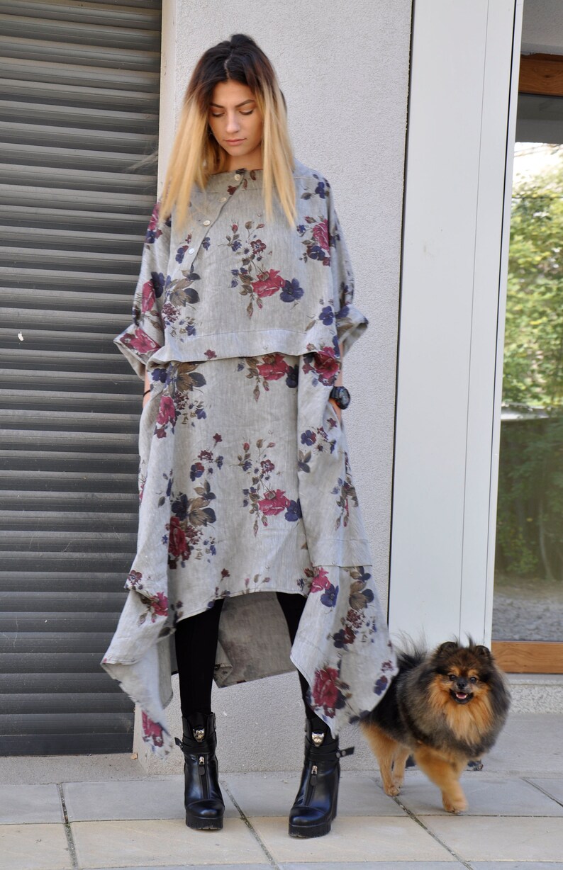 NEW autumn Floral DressMaxi Linen DressHandmade dressPlus Size Asymmetric DressDress with PocketsLinen caftanWoman Party dressD1887