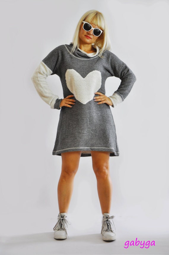 Blouson Dress Women Gray Dress Short Dress Heart Dress Lounge