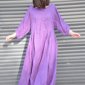 Purple Linen Maxi Dress – Loose Natural Linen Dress with Boat Neck, Wide Sleeves and Pockets image 4