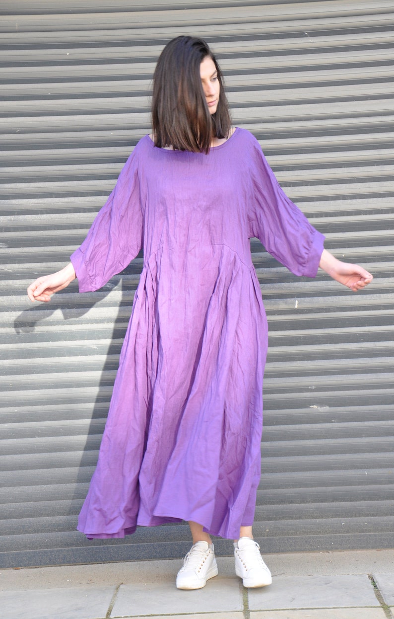 Purple Linen Maxi Dress – Loose Natural Linen Dress with Boat Neck, Wide Sleeves and Pockets image 4
