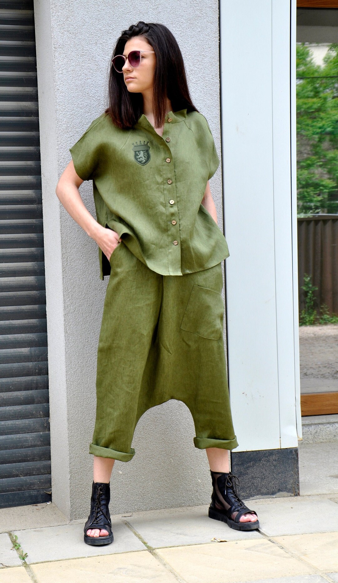 Linen Pants, Harem Pants, Military Green Pants, Linen Wide Leg Pants