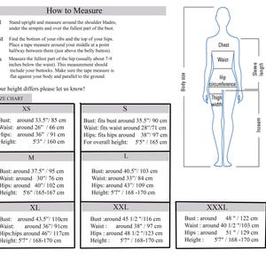 A size chart with body measurements for bust, waist, hips, and height, for sizes XS through XXXL.