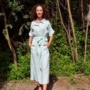 mint linen shirt dress for summer, linen women clothing, linen mint kaftan, summer linen maxi dress, bohemian long linen dress, buttons image 4