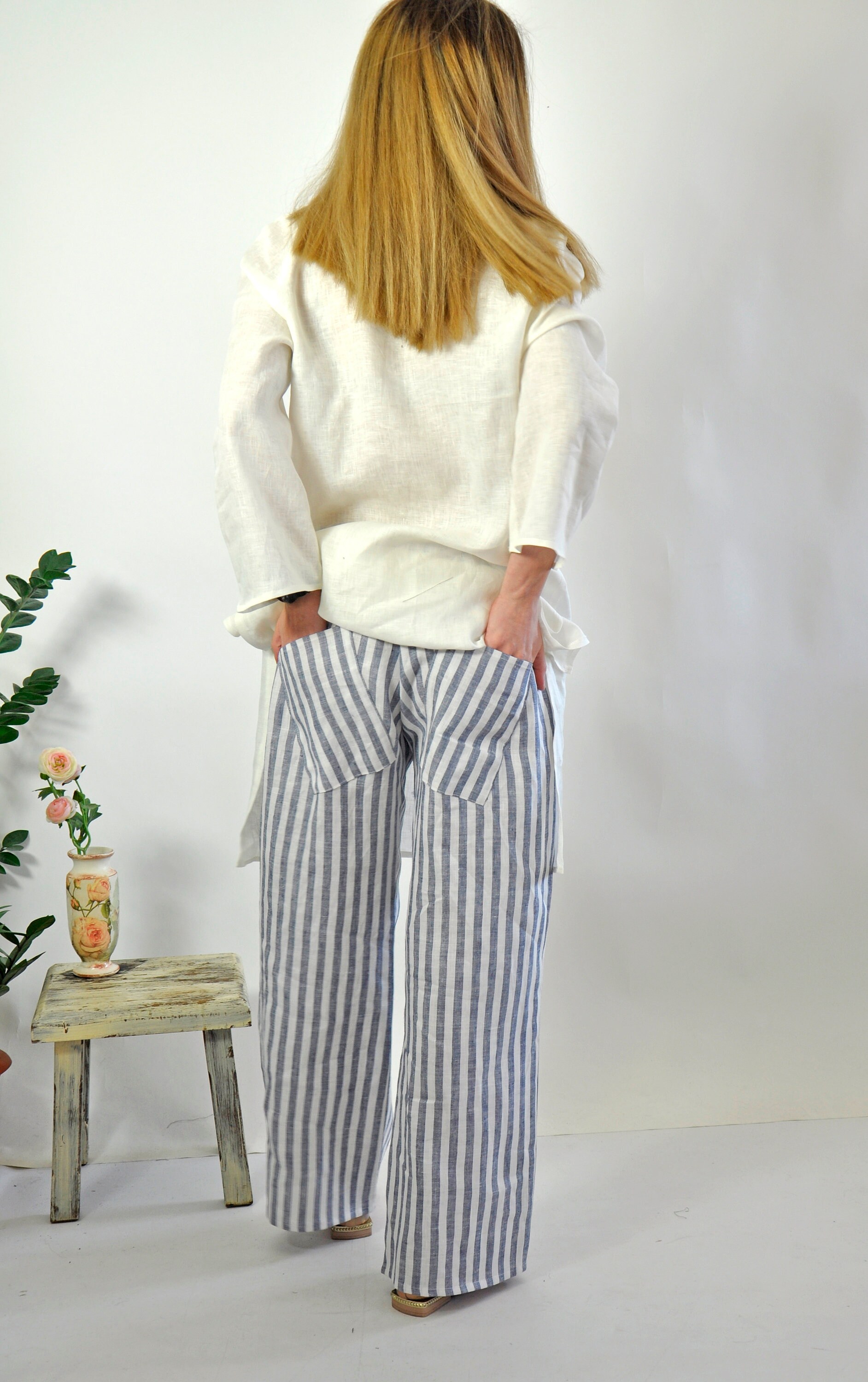 Linen Stripe Pants, Linen Pants, Wide Leg Pants, Women Pants