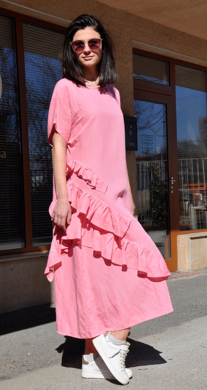 Pink Linen Dress, Loose Extravagant Dress, Asymmetric Dress, Linen Maxi Kaftan, Plus Size Dress, Ruffle Dress, Maxi Dress Woman, Shift Dress image 3