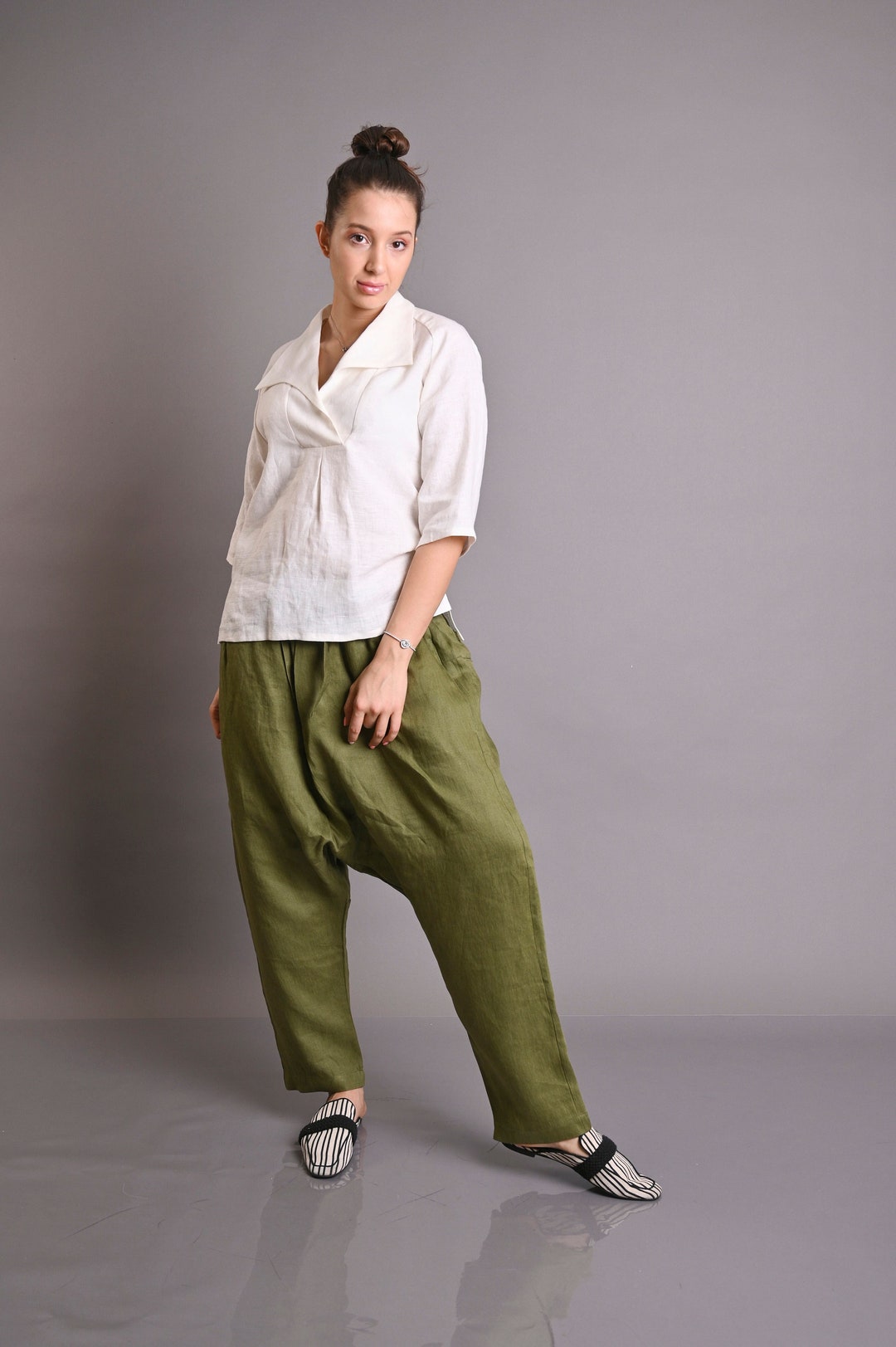 Military Green Linen Harem Pants Women Linen Baggy Pants Etsy