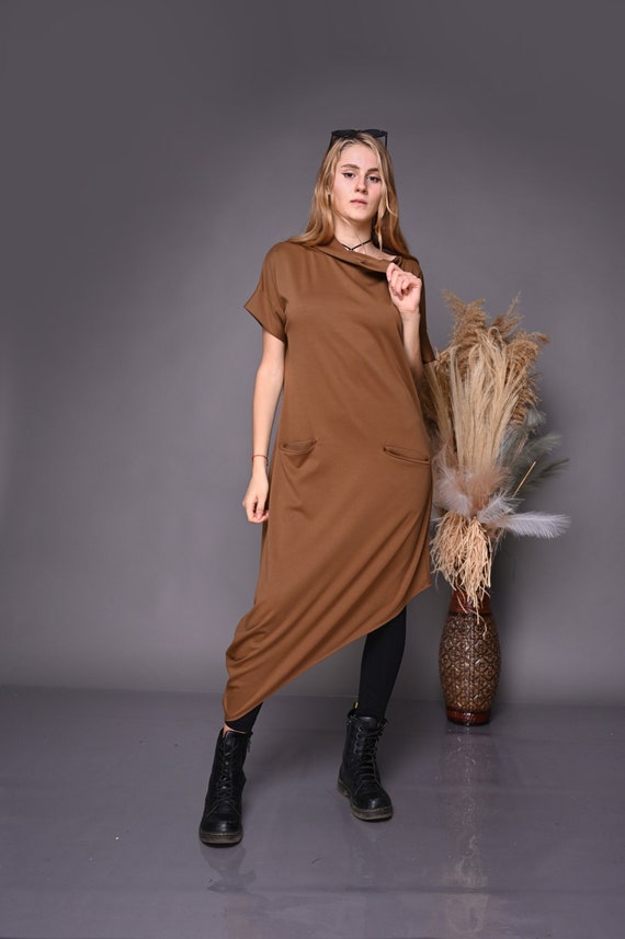 Brown Asymmetric Dress, Autumn Cotton Dress, Balloon Dress, High Neck Tunic, Minimalist Urban Dress, Plus Size Brown Asymmetric Dress, Autumn Cotton Dress, Balloon Dress, High Neck Tunic, Minimalist Urban Dress, Plus Size
