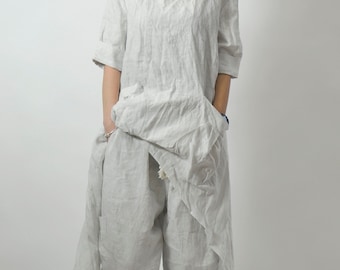 Linen Pants Set, Women Linen Tunic Set, Linen Outfit, Plus Size Clothing, Wide Leg Pants, Summer Outfit, Plus Size Linen Set,Loose Linen Set