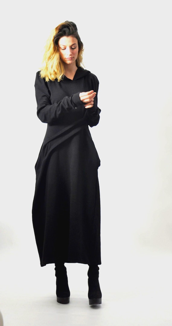 Handmade Black Wool Knit Hooded Tunic Dress, Plus Size Maxi With Pockets