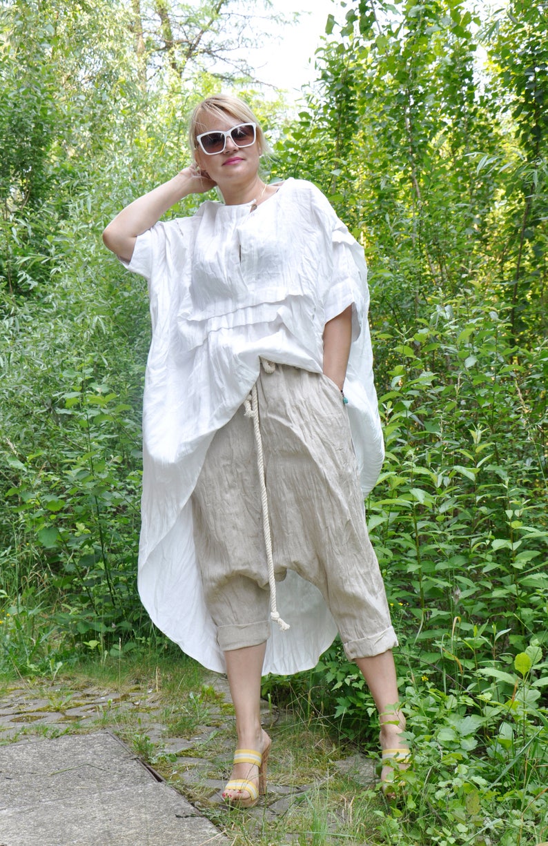 Organic Linen Outfit, Flowy Top and Harem Pants, Plus Size Summer Set image 4