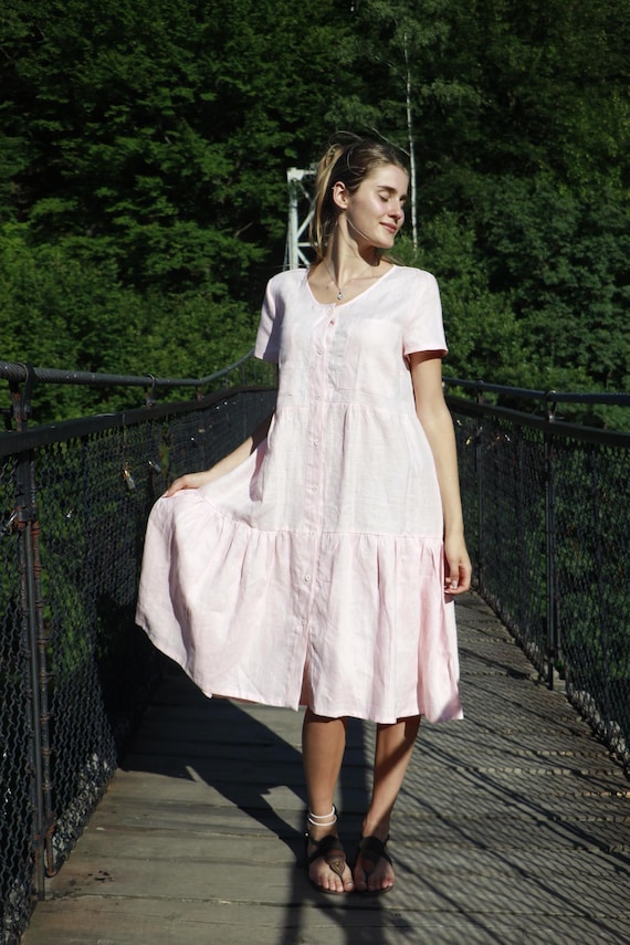 Blush Pink Linen Dress, Button Down Midi Dress with Ruffles, Bust Pockets, Romantic Linen Summer Shirt Dress, Handmade Soft Pink Linen Dress Blush Pink Linen Dress, Button Down Midi Dress with Ruffles, Bust Pockets, Romantic Linen Summer Shirt Dress, Handmade Soft Pink Linen Dress