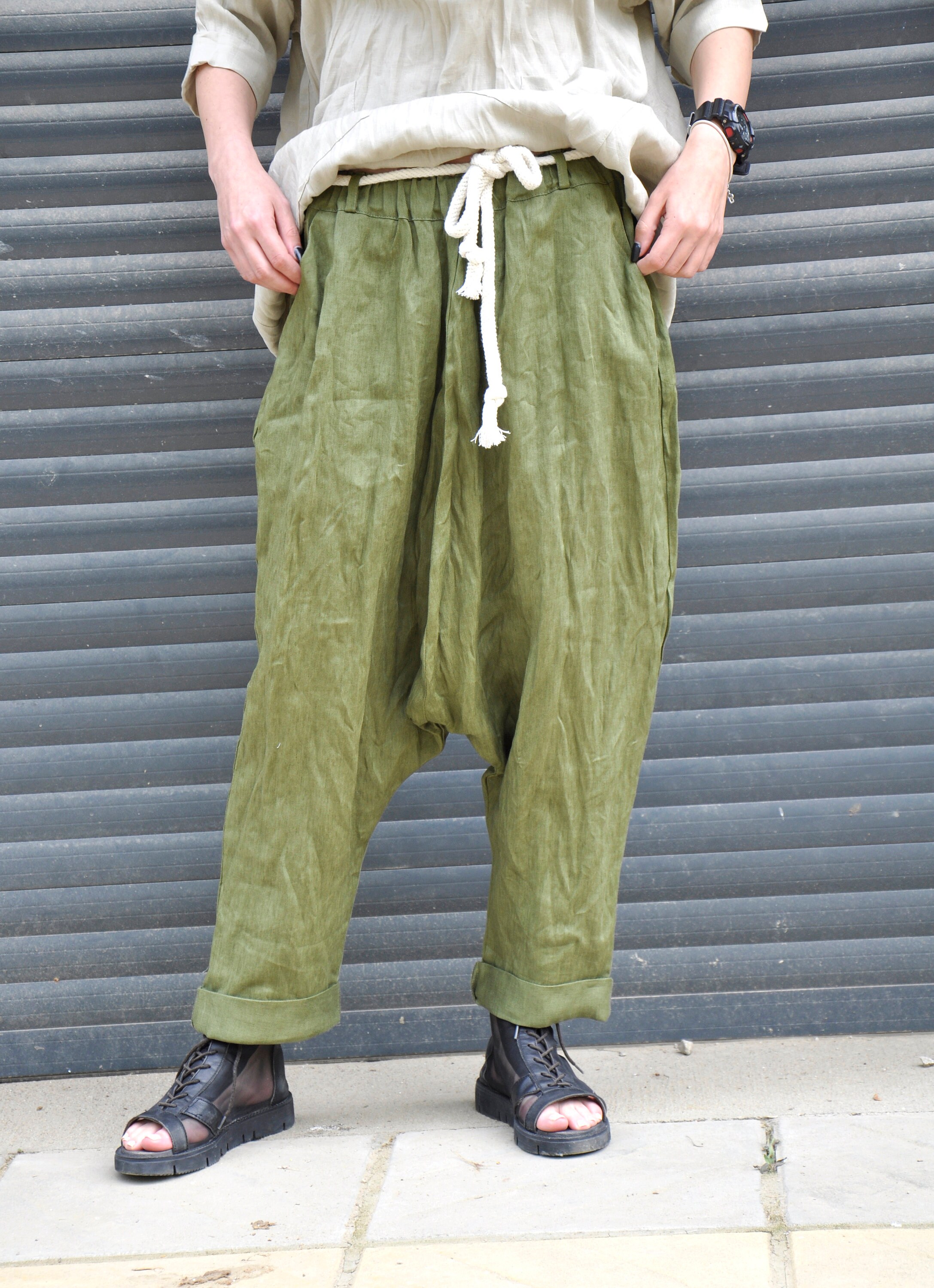Linen Harem Pants Military Green Pants Linen Clothing Army - Etsy