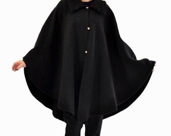 Handmade Black Wool Cape Coat, Elegant Women's Poncho
