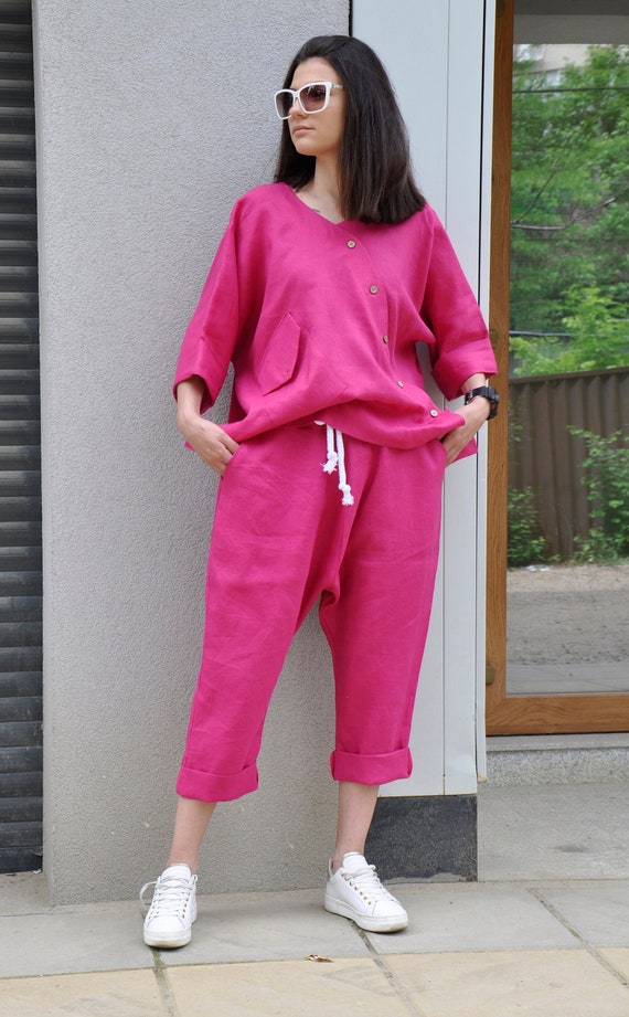 Linen Pants, Pink Pants, Harem Pants, Drop Crotch Pants, Baggy