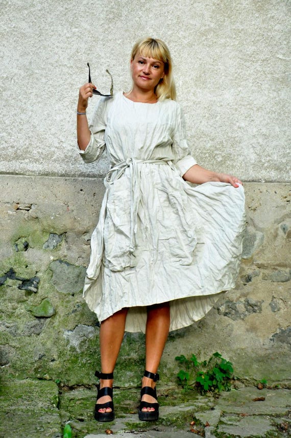 Handmade Ivory Linen Maxi Dress  Long Sleeve Lined Dress With Pockets -  Etsy