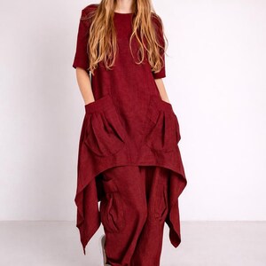 Boho Linen Set, White Asymmetrical Tunic and Relaxed Pants for Summer Burgundy