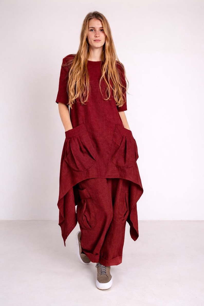 Boho Linen Set, White Asymmetrical Tunic and Relaxed Pants for Summer Burgundy