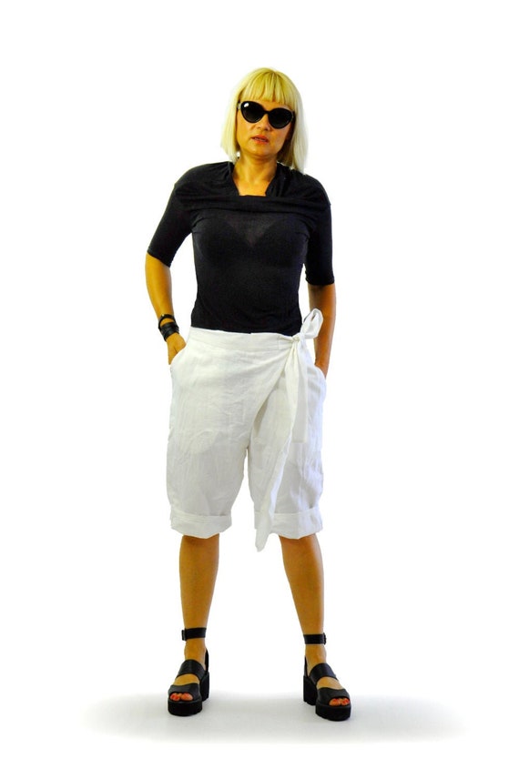 White Linen Shorts, Summer Short Pants, Wrap Around Trouser Shorts, Linen Clothing, Plus Size Shorts, Linen Bermuda Shorts,Beach Short Pants