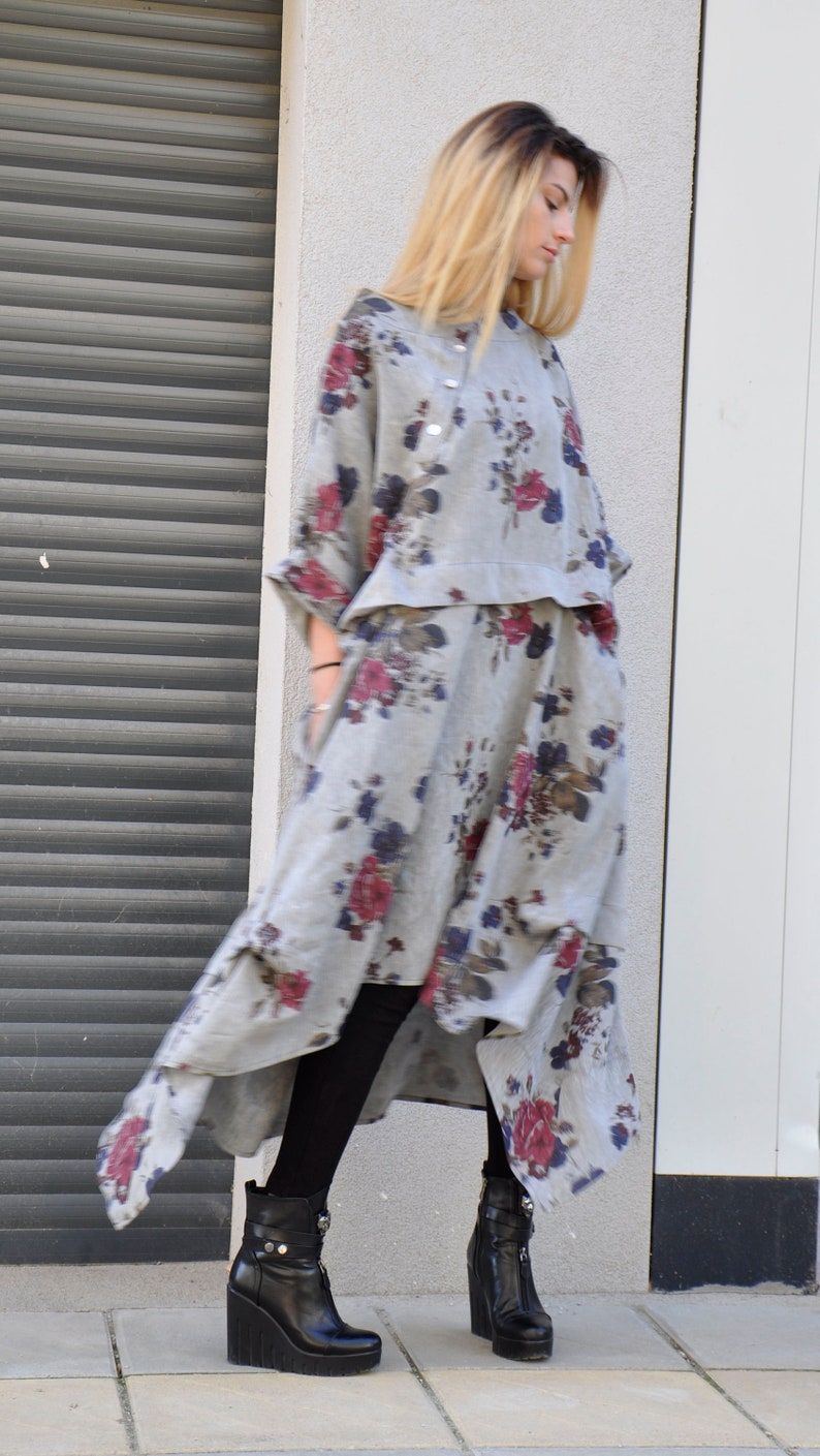 NEW autumn Floral DressMaxi Linen DressHandmade dressPlus Size Asymmetric DressDress with PocketsLinen caftanWoman Party dressD1887