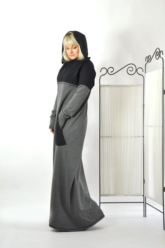 Extra Tall Hooded Maxi Dress, Long Cotton Kaftan Dress, Boho Winter Dress  With Hood, Gray Plus Size Dress, Ladies Caftan Dress, Elven Dress - Etsy
