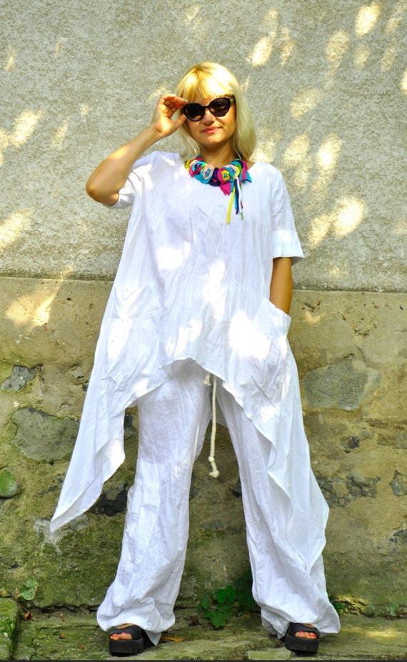 Handmade White Linen Tunic and Pants Set, Plus Size Summer Outfit