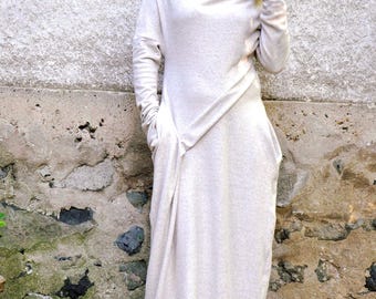 Winter Wool Dress, Handmade Maxi Tunic with Pockets, Plus Size Long  Caftan