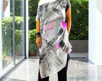 Hand Painted Maxi Silk Tunic/Loose silk 100% tunic/Hand Painted Silk Top/Painting Silk Caftan/Extravagant Tunic/Painting on hand/T1258