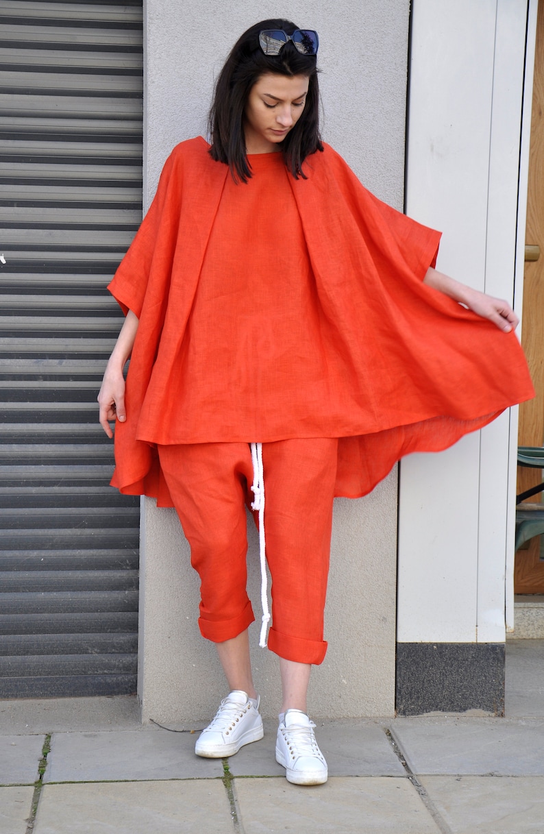 Batwing Sleeves Linen Tunic, Plus Size Linen Clothing, Kaftan Blouse Top, Oversize Linen Tunic, Summer Tunic Top Women, Orange Tunic image 1