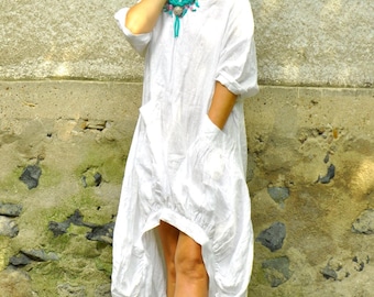 White Linen Dress, Asymmetric Balloon Design with Pockets for Summer Style