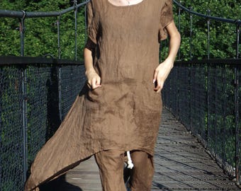 Brown Linen Tunic, Asymmetrical Top with Short Sleeves, Minimalist Loose Dress, Handmade Natural Clothing