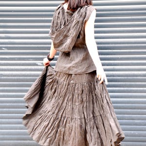 Brown Linen Set, Boho Brown Linen Set – Ruffled Skirt & Sleeveless Hoodie Top – Handmade Artistic Two-Piece Outfit, Summer Linen Skirt Top