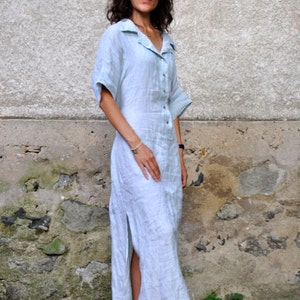 Linen Shirt Dress Maxi Dress Women Linen Clothing Cottage Core Dress Plus Size Linen Blue Shirt Dress Linen Kaftan Dress Long Linen Dress