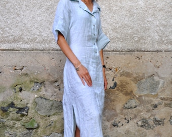 Vestido camisero de lino, vestido largo maxi con bolsillos, caftán azul claro, vestido cottagecore