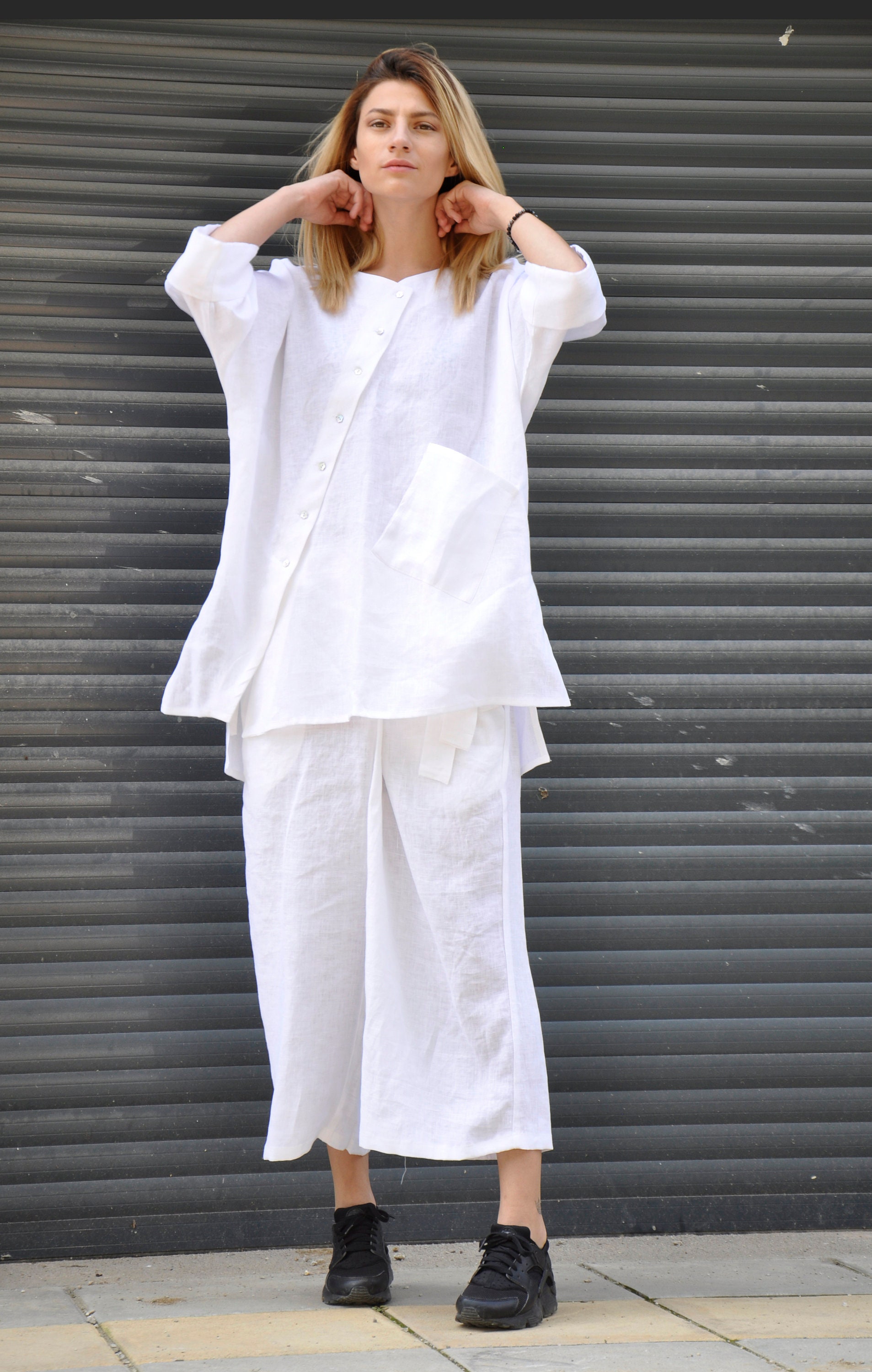 White Linen Set Linen Two Piece Set Linen Pants and Top Deep V Sleeveless  Top Linen Clothing -  Canada