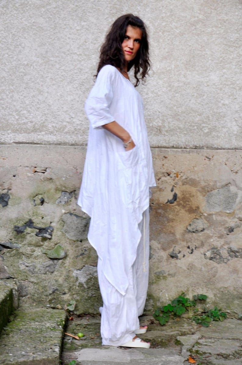 Boho Linen Set, White Asymmetrical Tunic and Relaxed Pants for Summer image 8