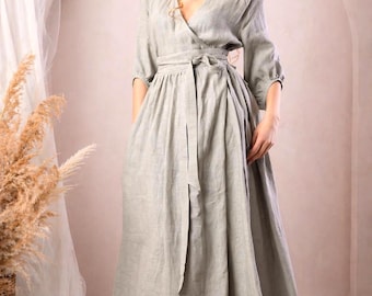 Handmade Linen Maxi Dress, Boho Wedding Guest Outfit with Pockets